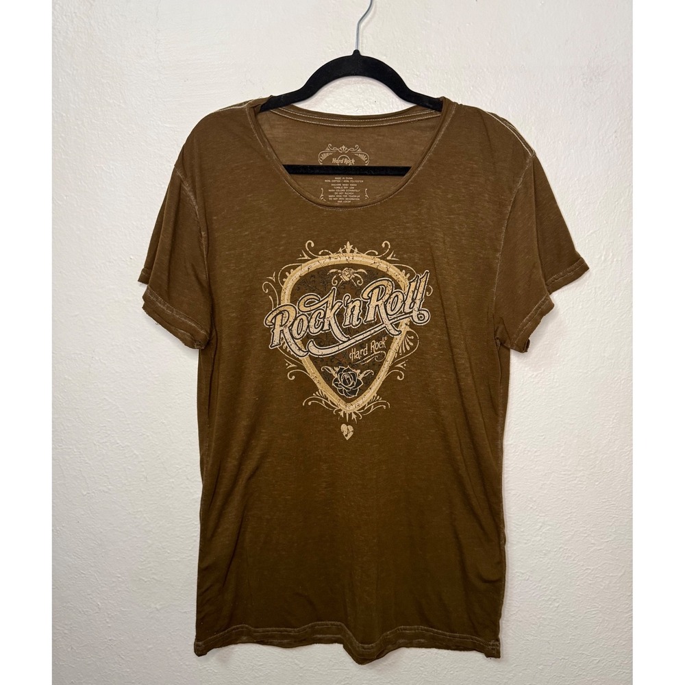 Hard Rock Cafe Rock N Roll Women's XXL Graphic T-Shirt Brown Grunge